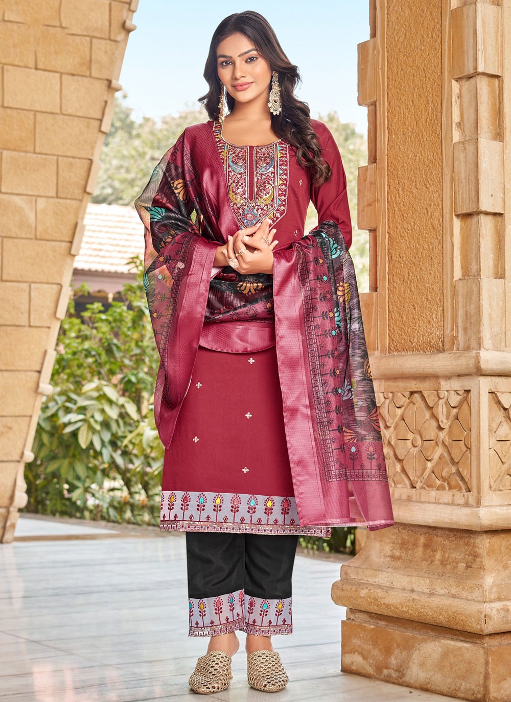 Embroidered Silk Crimson Salwar Suit T6171