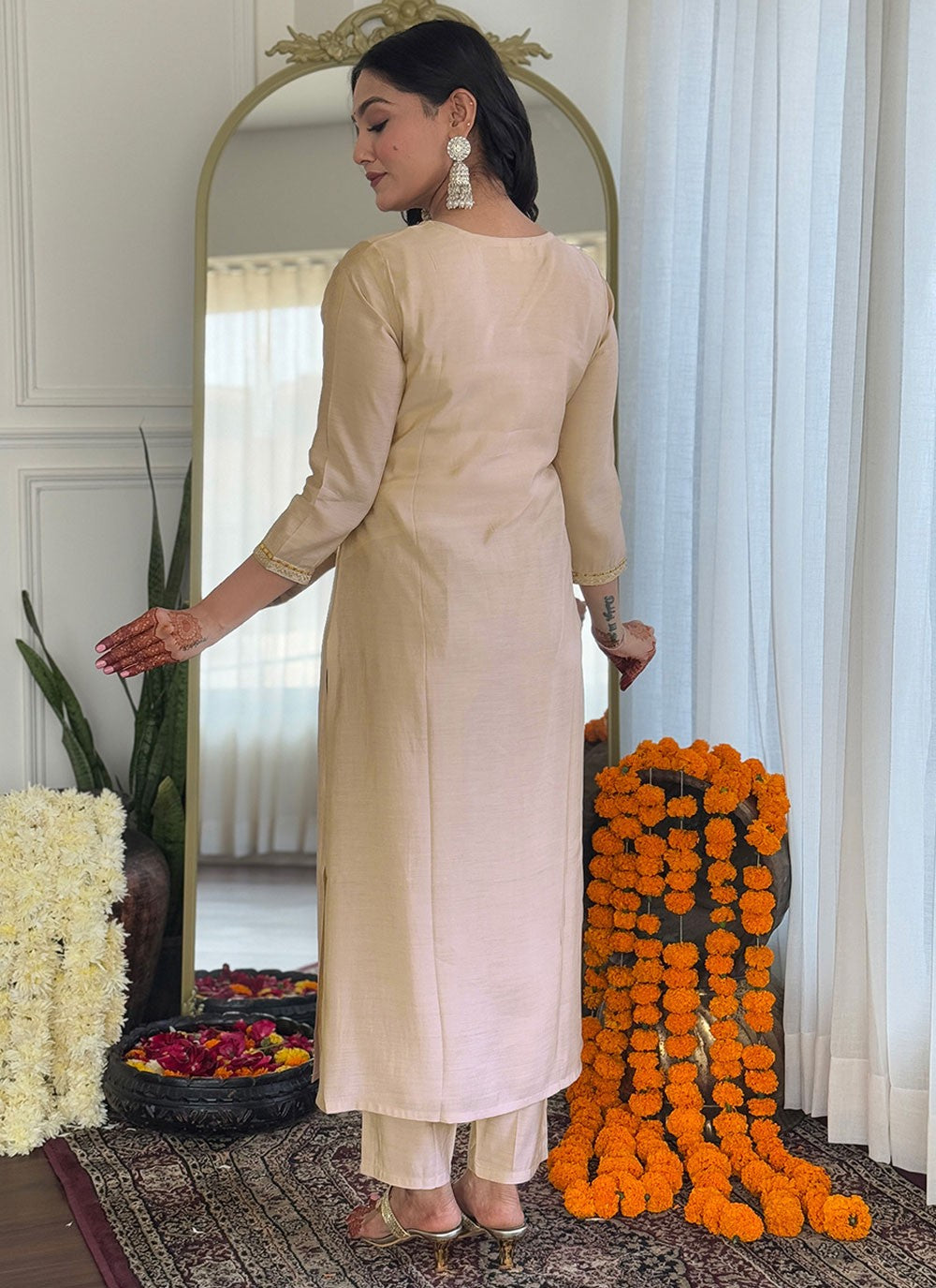 Pant Style Suit Embroidered Beige T8078