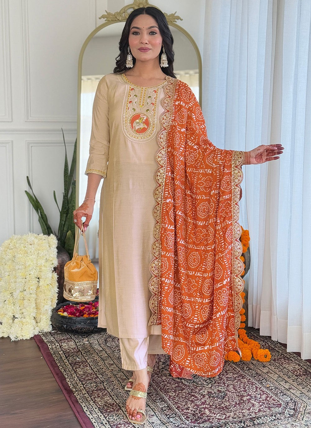 Pant Style Suit Embroidered Beige T8078