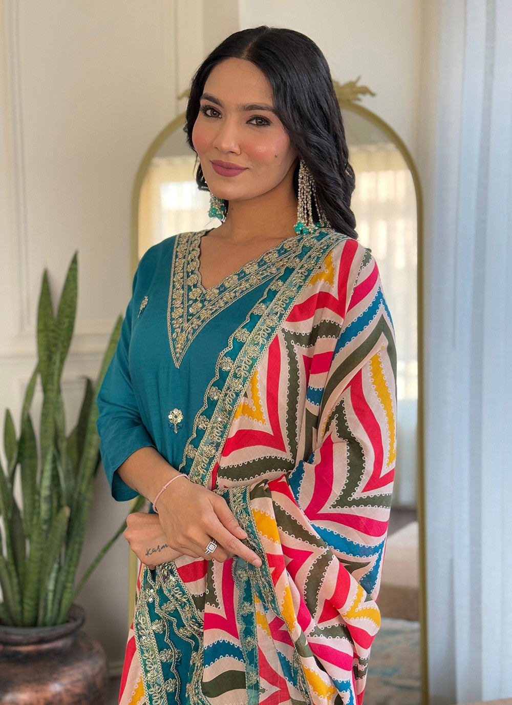 Embroidered Viscose Firozi Salwar Suit T6039