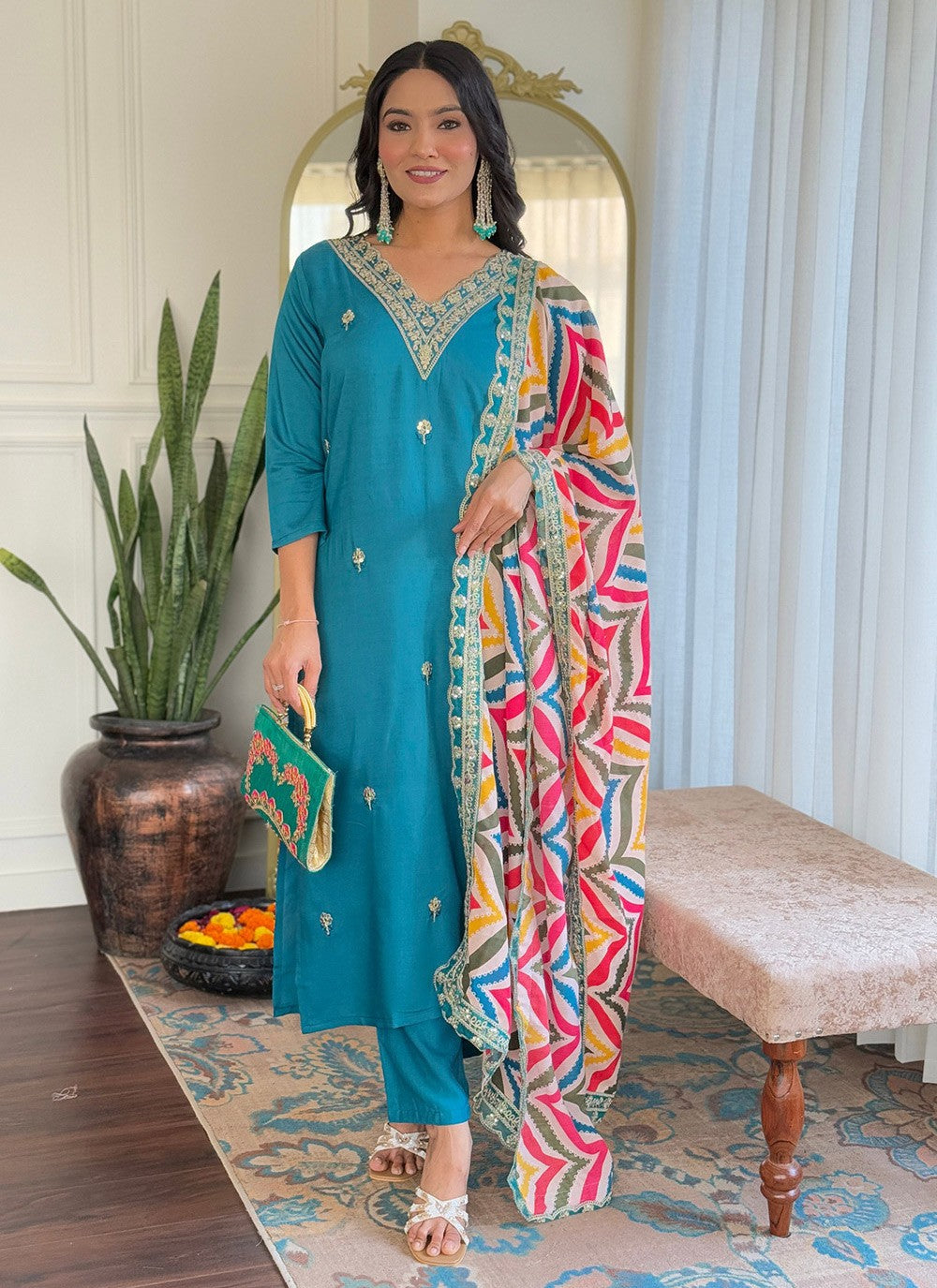 Embroidered Viscose Firozi Salwar Suit T6039