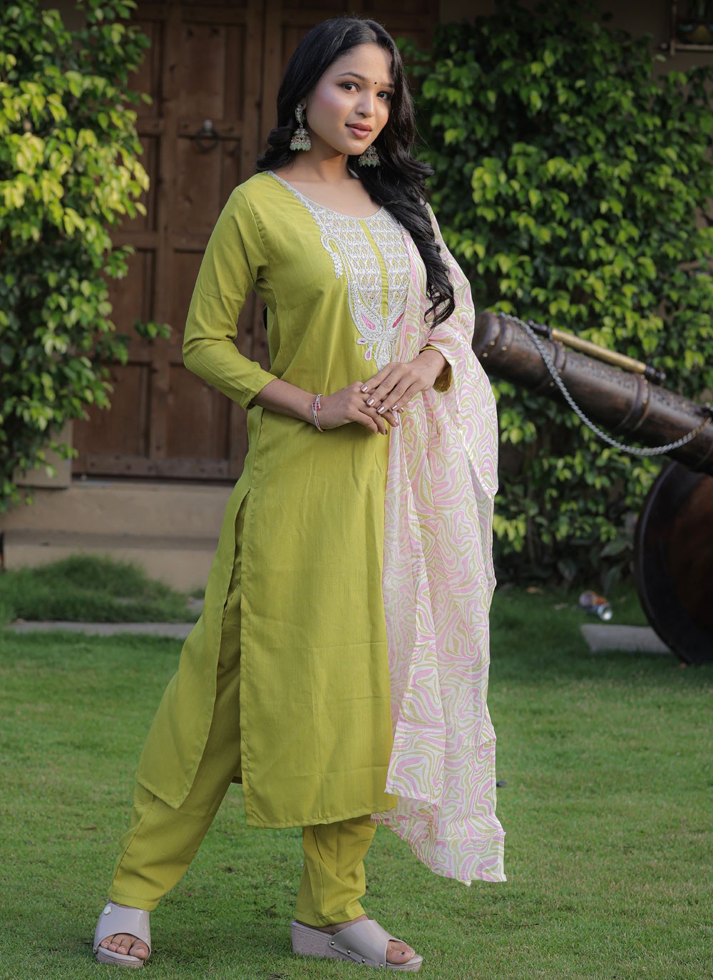 Salwar Suit Embroidered Green Viscose T5735