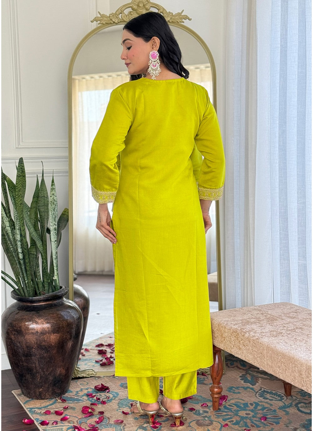 Embroidered Chanderi Green Salwar Suit T6028