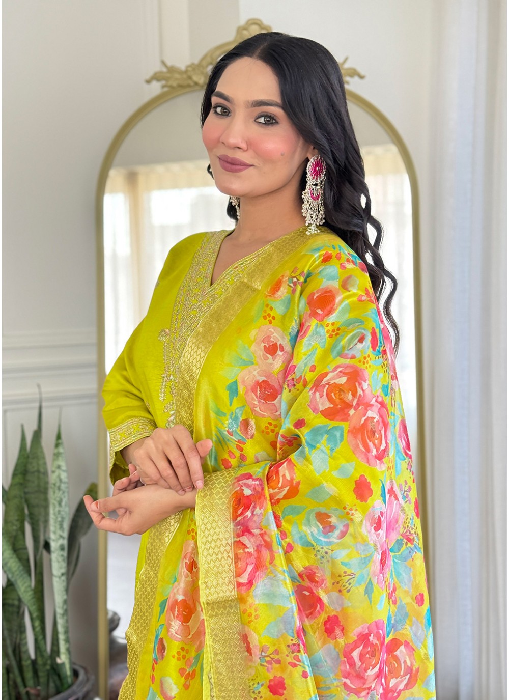 Embroidered Chanderi Green Salwar Suit T6028