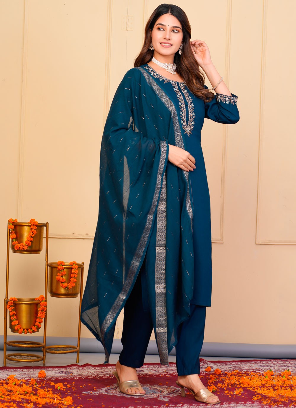 Pant Style Suit Embroidered Morpeach Chanderi T5133