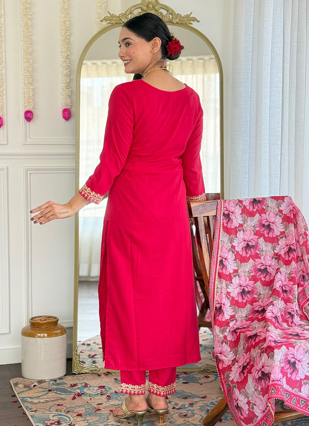 Pant Style Suit Embroidered Pink Viscose T5814