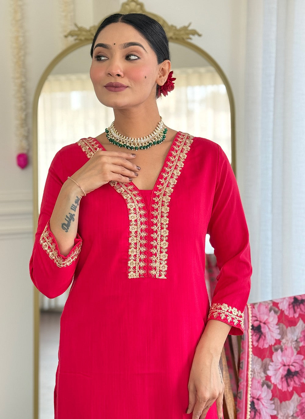 Pant Style Suit Embroidered Pink Viscose T5814