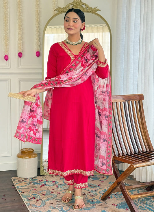 Pant Style Suit Embroidered Pink Viscose T5814