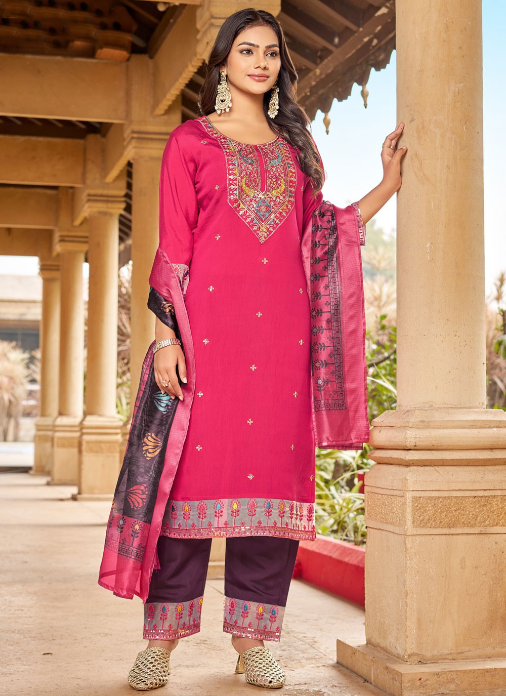 Embroidered Silk Pink Salwar Suit T6168