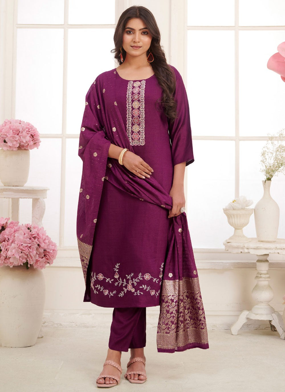 Embroidered Silk Purple Pant Style Suit T6585