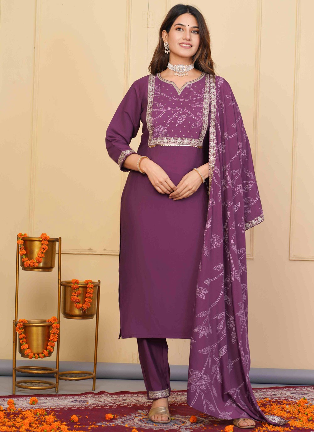 Salwar Suit Embroidered Purple Chanderi T5135
