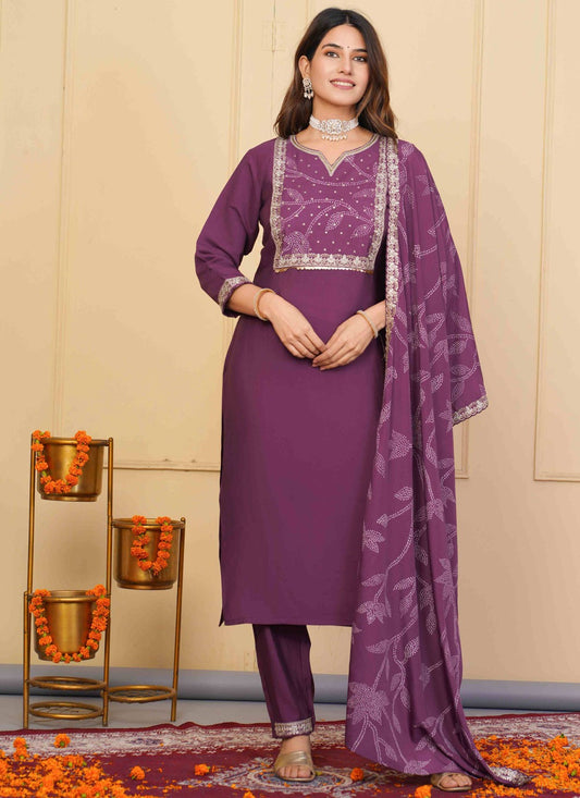 Salwar Suit Embroidered Purple Chanderi T5135