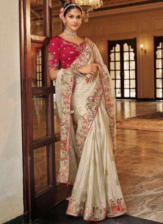Beige Jacquard Silk Trendy Saree Embroidered S19728