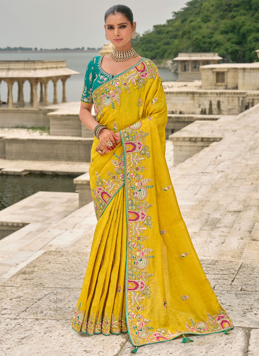 Embroidered Jacquard Mustard Saree S14807