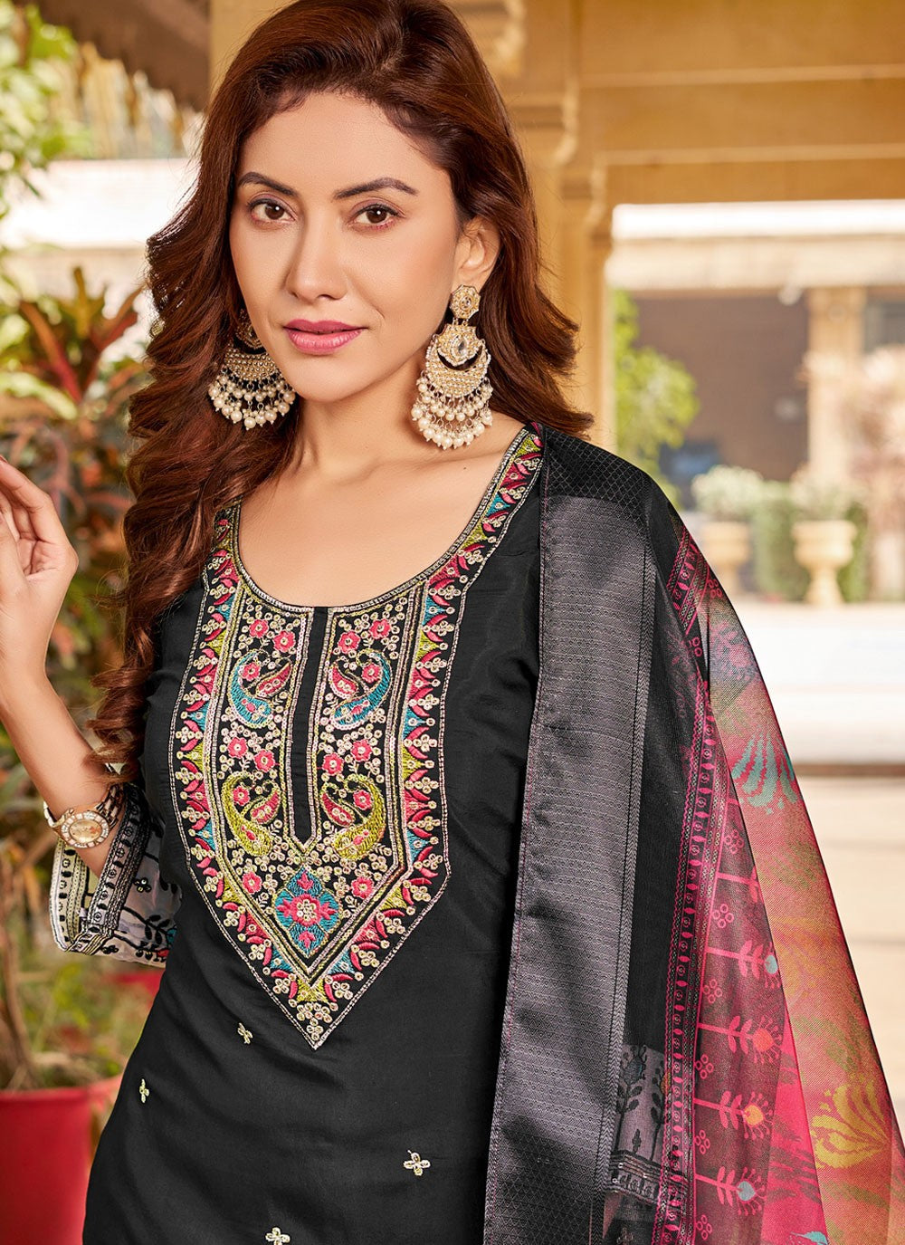 Embroidered Silk Black Pant Style Suit T6173