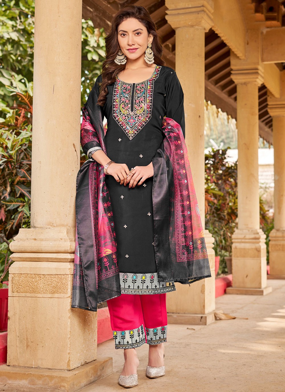 Embroidered Silk Black Pant Style Suit T6173