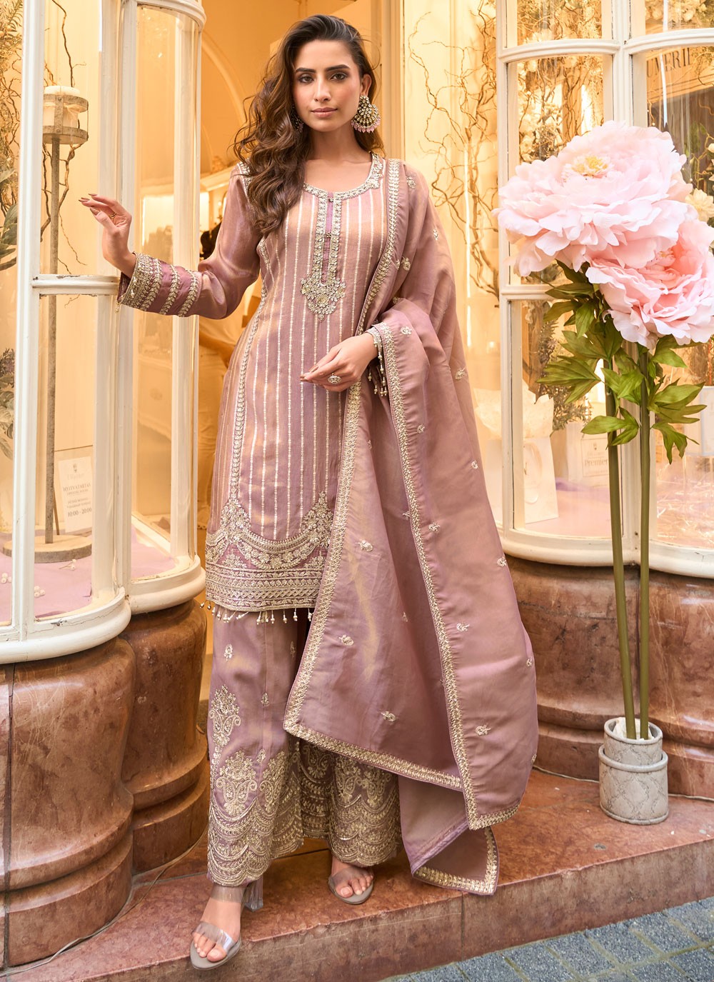 Sharara Suit Embroidered, Sequins, Zari Pink T8464