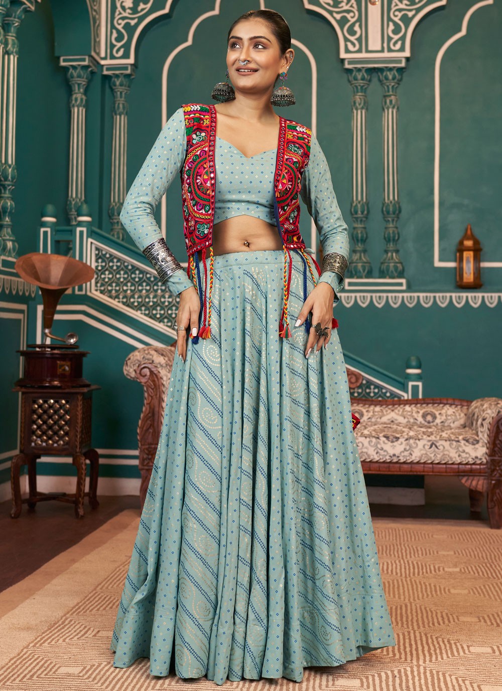 Foliage Prints Poly Silk Readymade Lehenga Choli - L2411