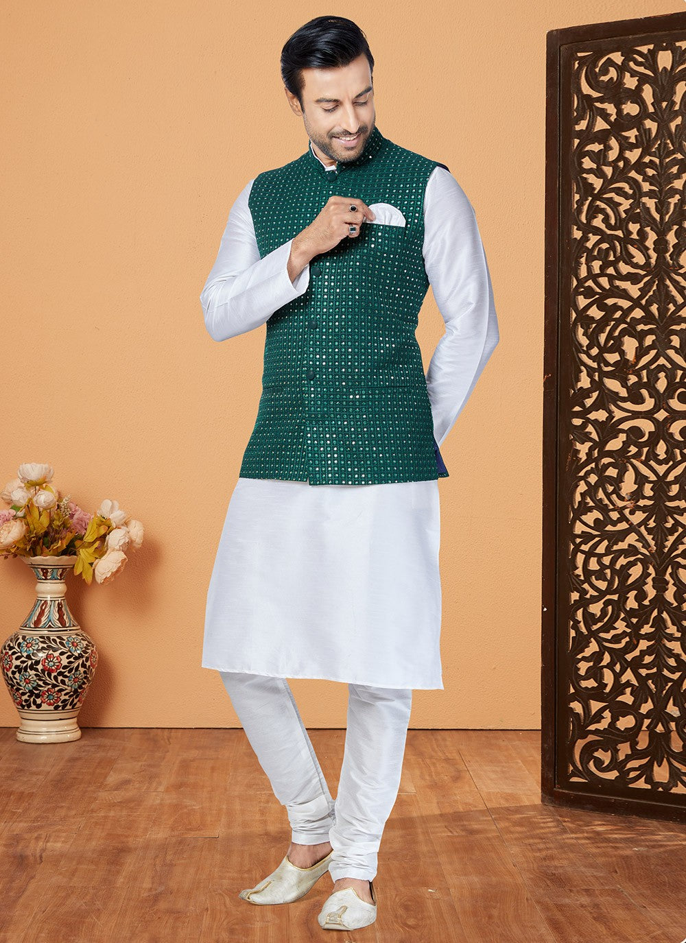 Resham Thread Work Dupion Silk, Viscose Green, White Kurta Payjama With Jacket - M5478