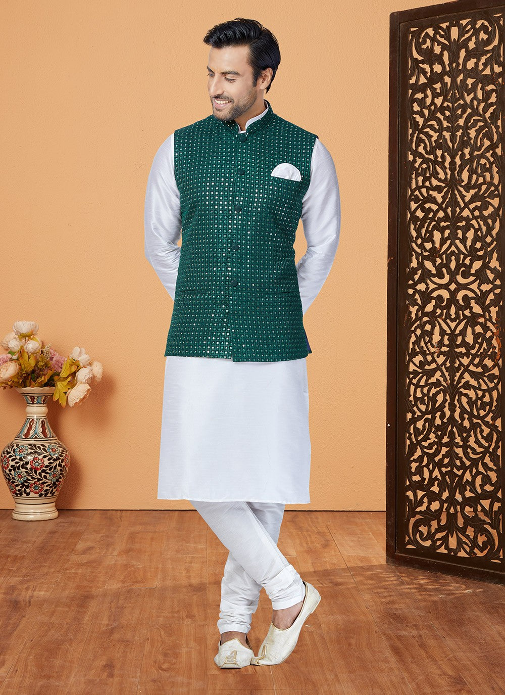 Resham Thread Work Dupion Silk, Viscose Green, White Kurta Payjama With Jacket - M5478