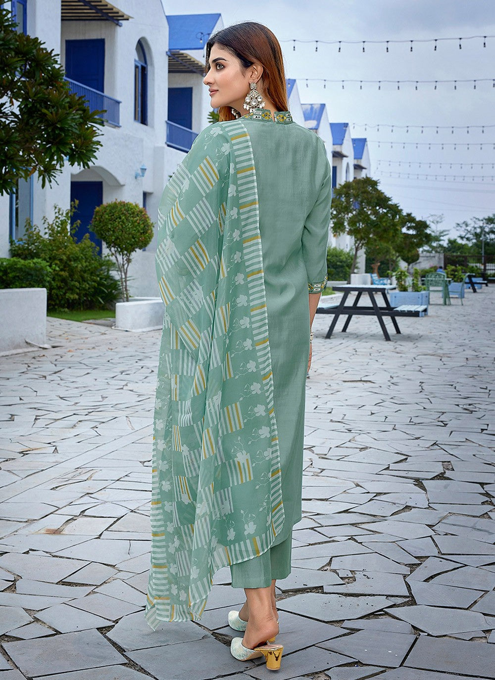 Printed Viscose Green Pant Style Suit T6059