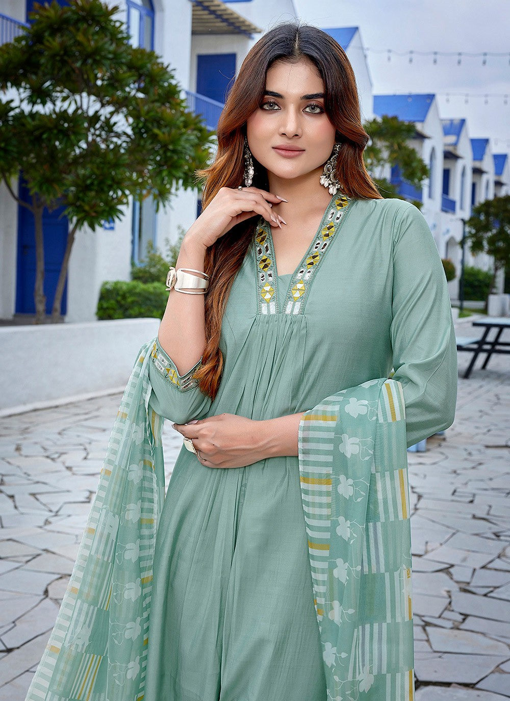 Printed Viscose Green Pant Style Suit T6059
