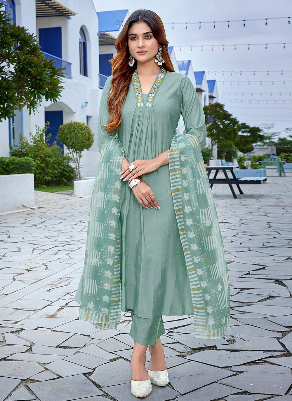 Printed Viscose Green Pant Style Suit T6059