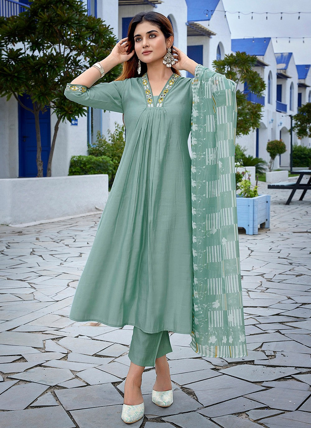 Printed Viscose Green Pant Style Suit T6059