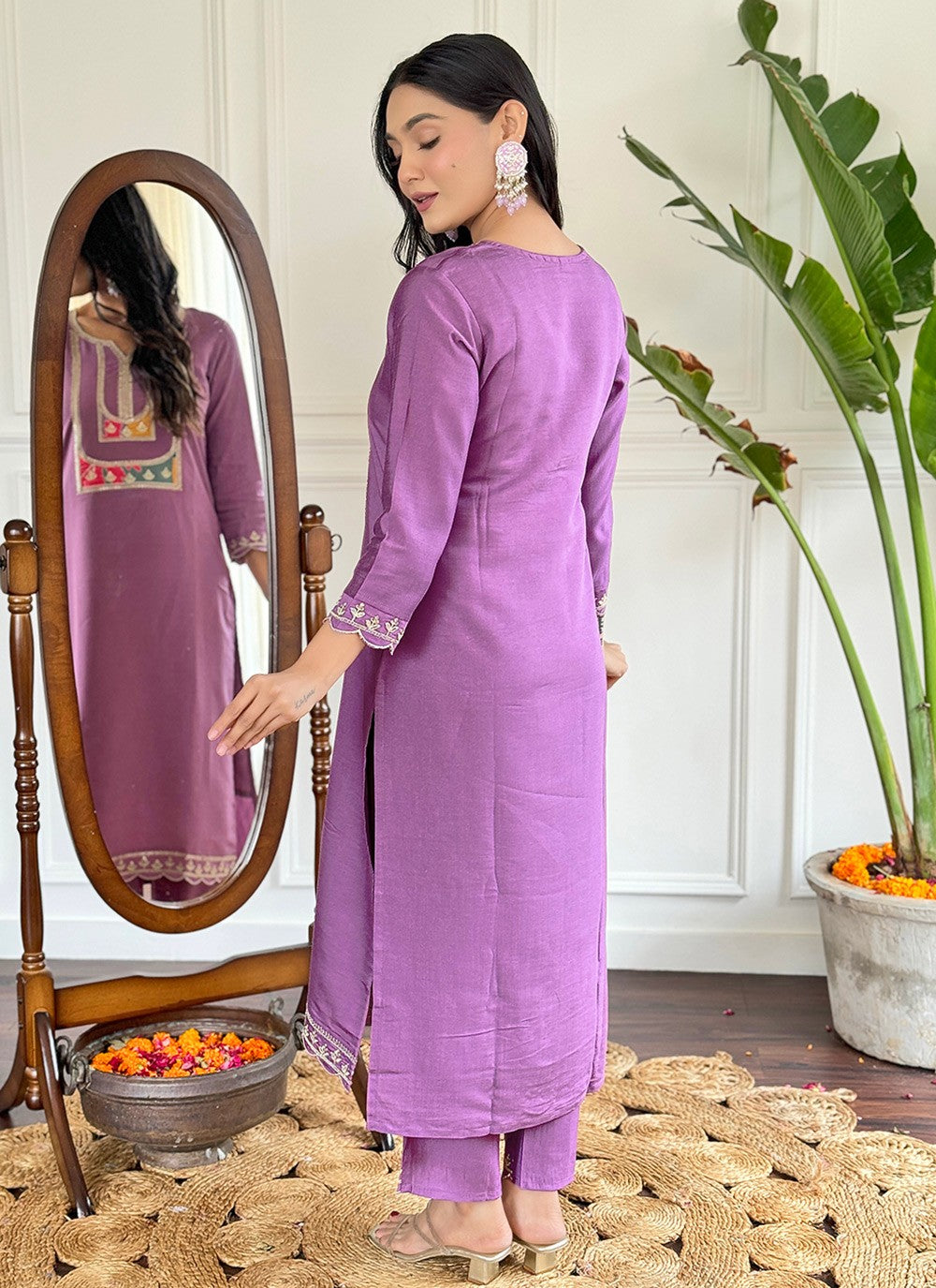 Pant Style Suit Embroidered Lavender Viscose T5816