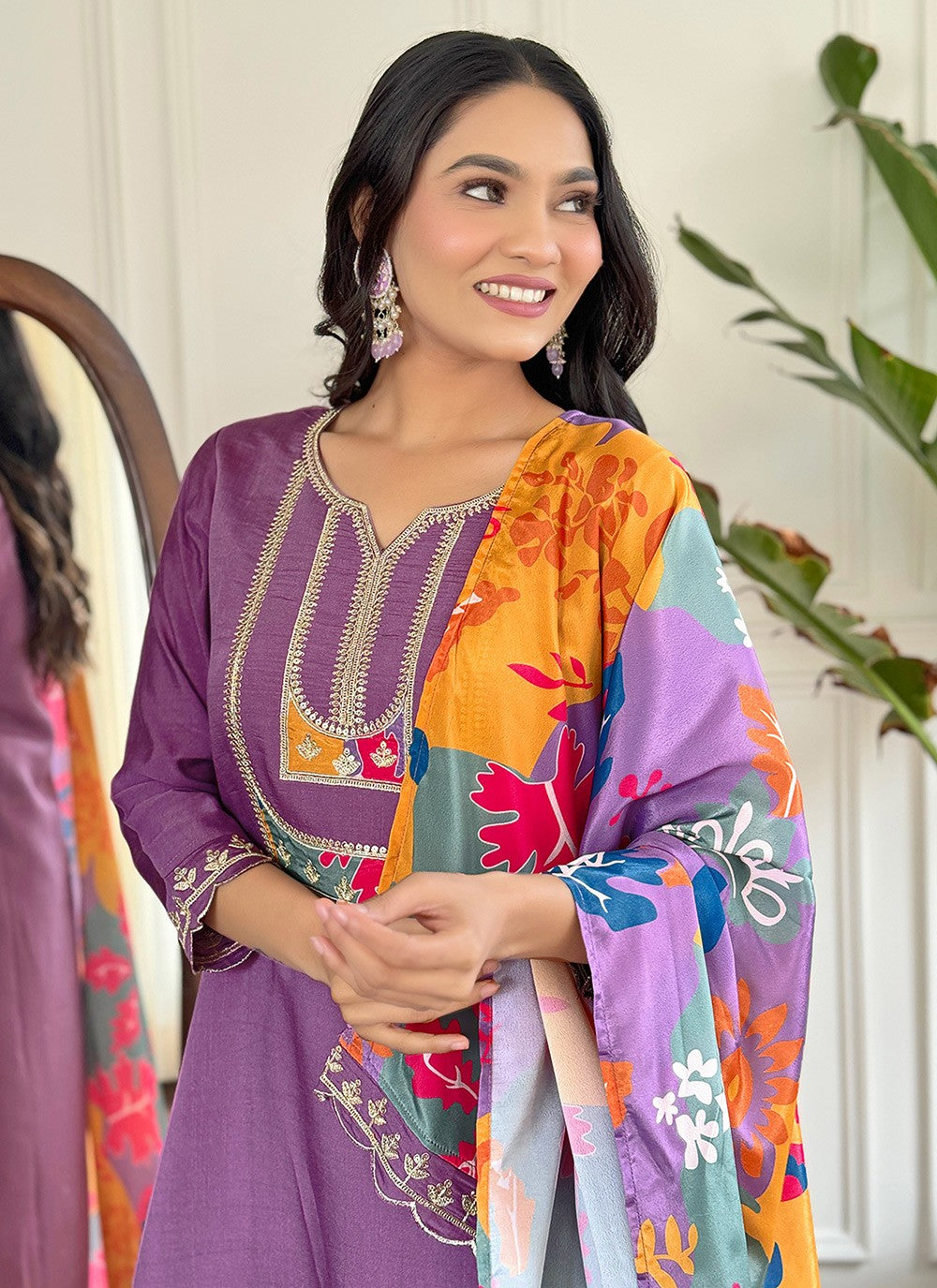 Pant Style Suit Embroidered Lavender Viscose T5816