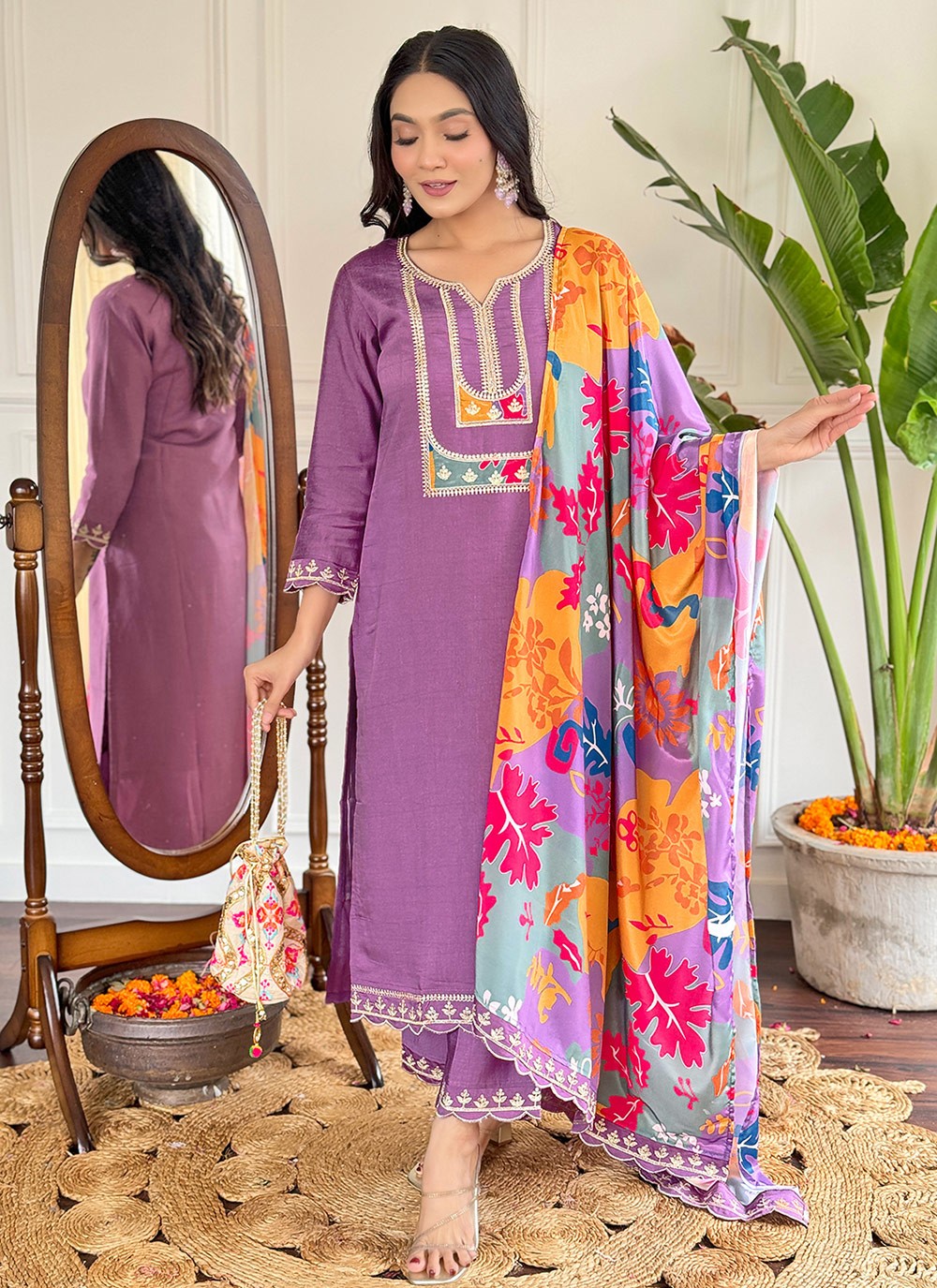 Pant Style Suit Embroidered Lavender Viscose T5816