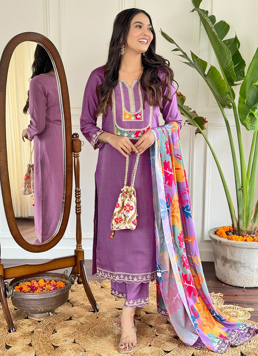 Pant Style Suit Embroidered Lavender Viscose T5816