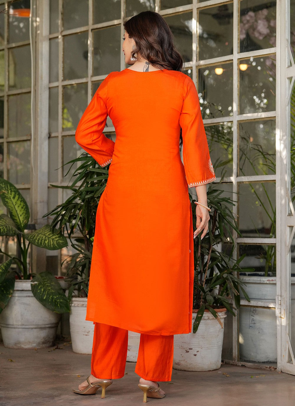 Embroidered Chanderi Orange Salwar Suit T6084