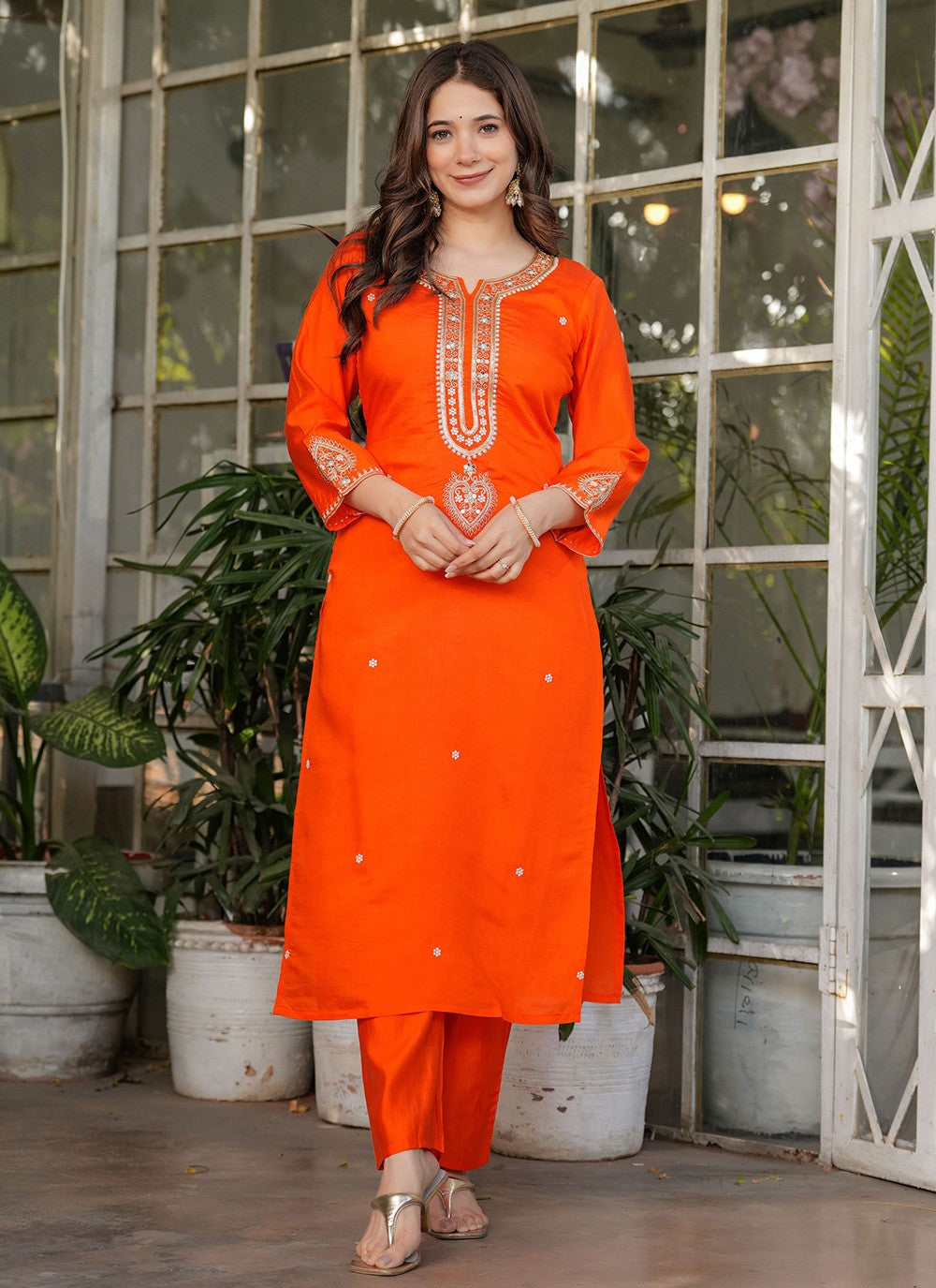 Embroidered Chanderi Orange Salwar Suit T6084