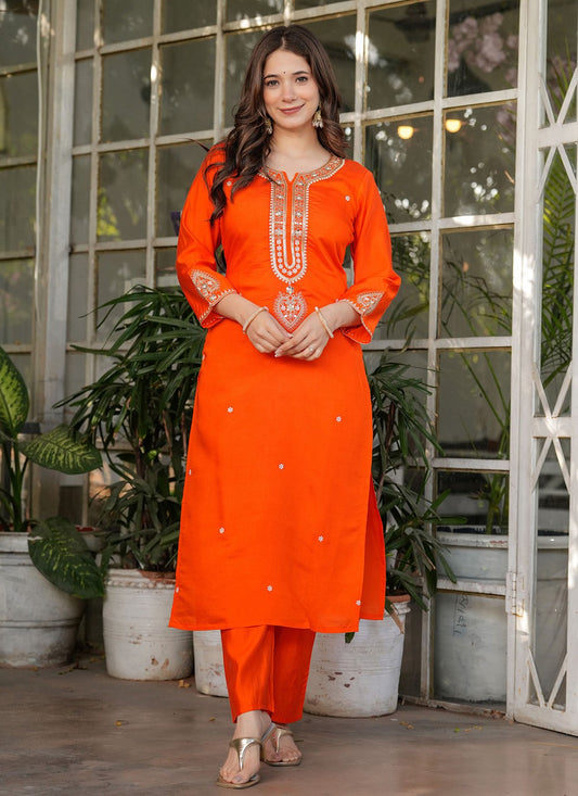 Embroidered Chanderi Orange Salwar Suit T6084