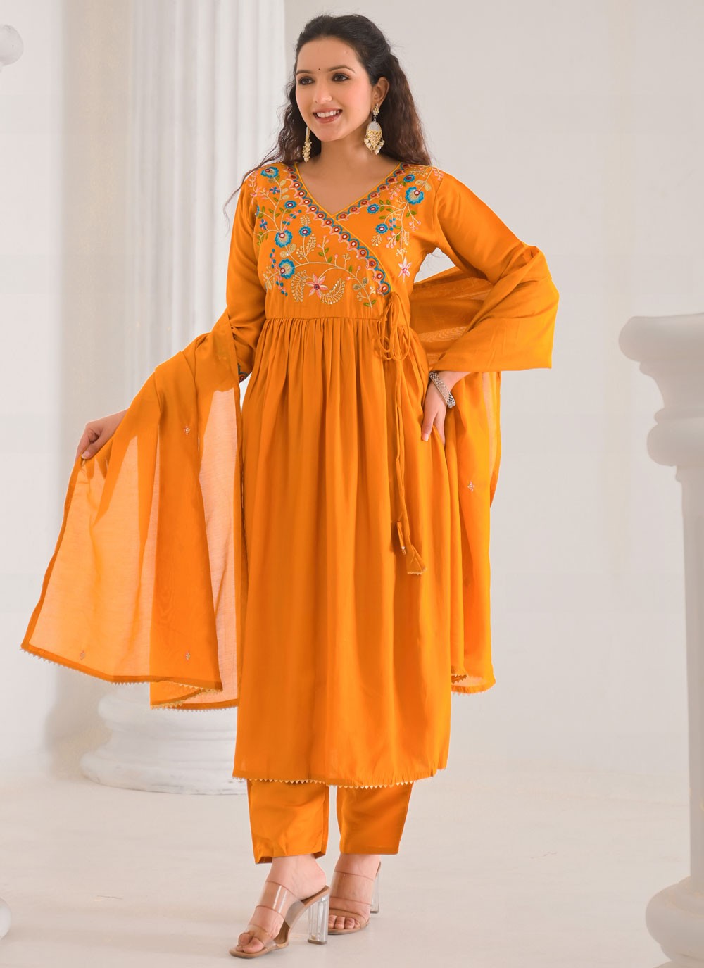 Embroidered Chanderi Orange Salwar Suit T6160