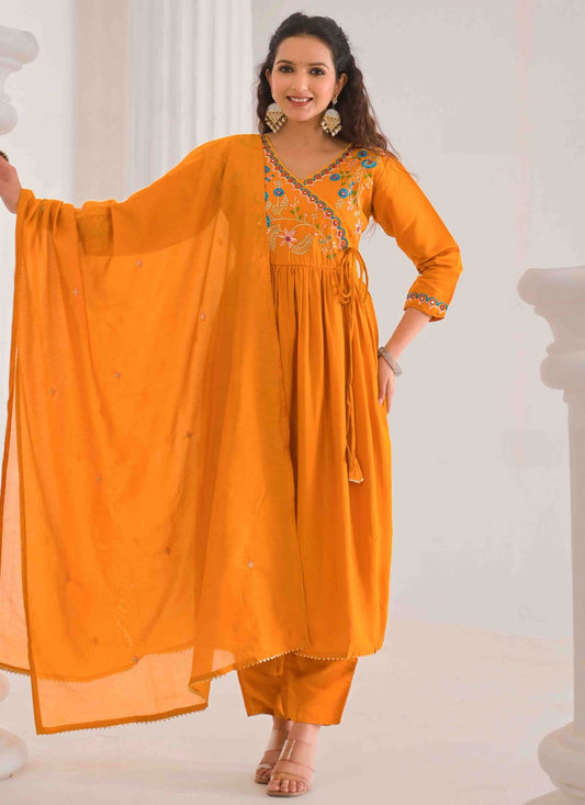 Embroidered Chanderi Orange Salwar Suit T6160