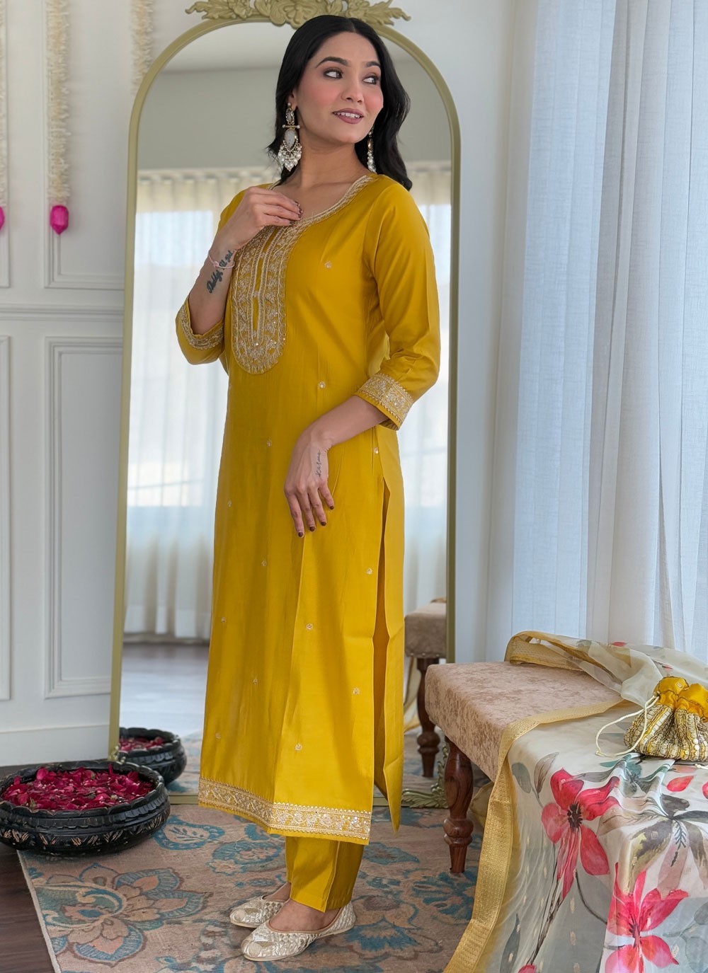 Pant Style Suit Embroidered, Thread, Zari Mustard T8077