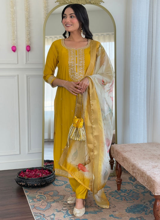 Pant Style Suit Embroidered, Thread, Zari Mustard T8077