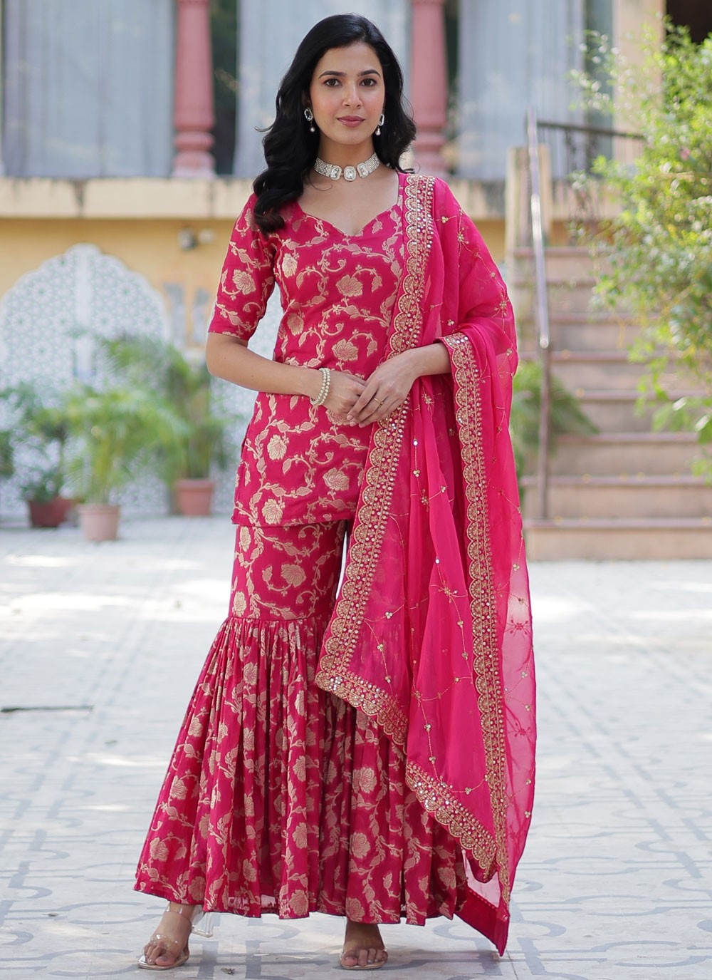 Salwar Suit Jacquard Work Pink Viscose T5391
