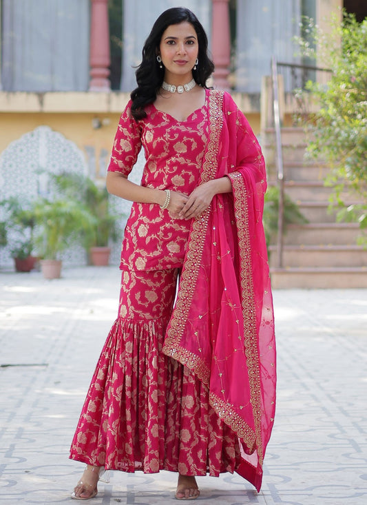 Salwar Suit Jacquard Work Pink Viscose T5391