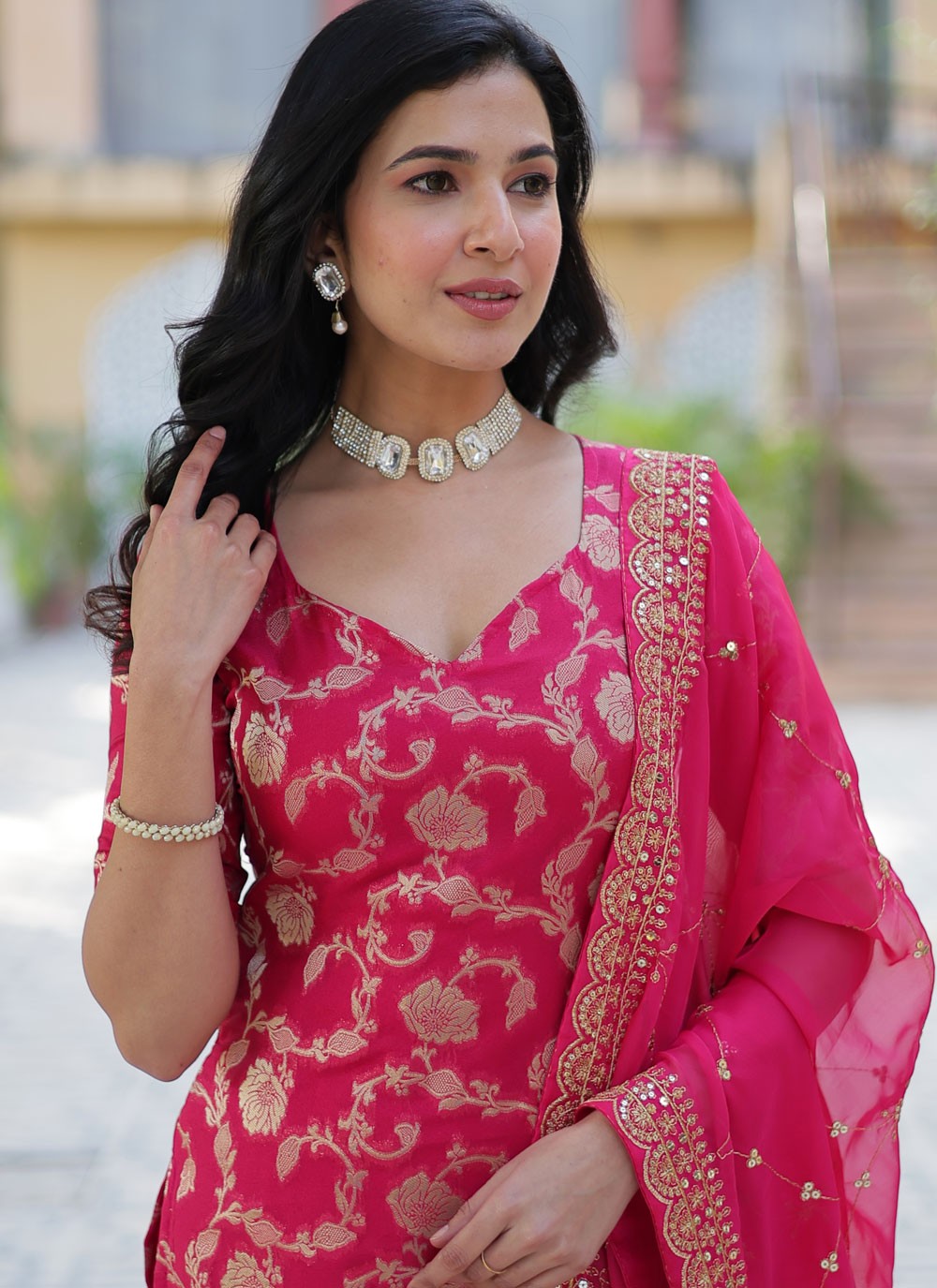 Salwar Suit Jacquard Work Pink Viscose T5391
