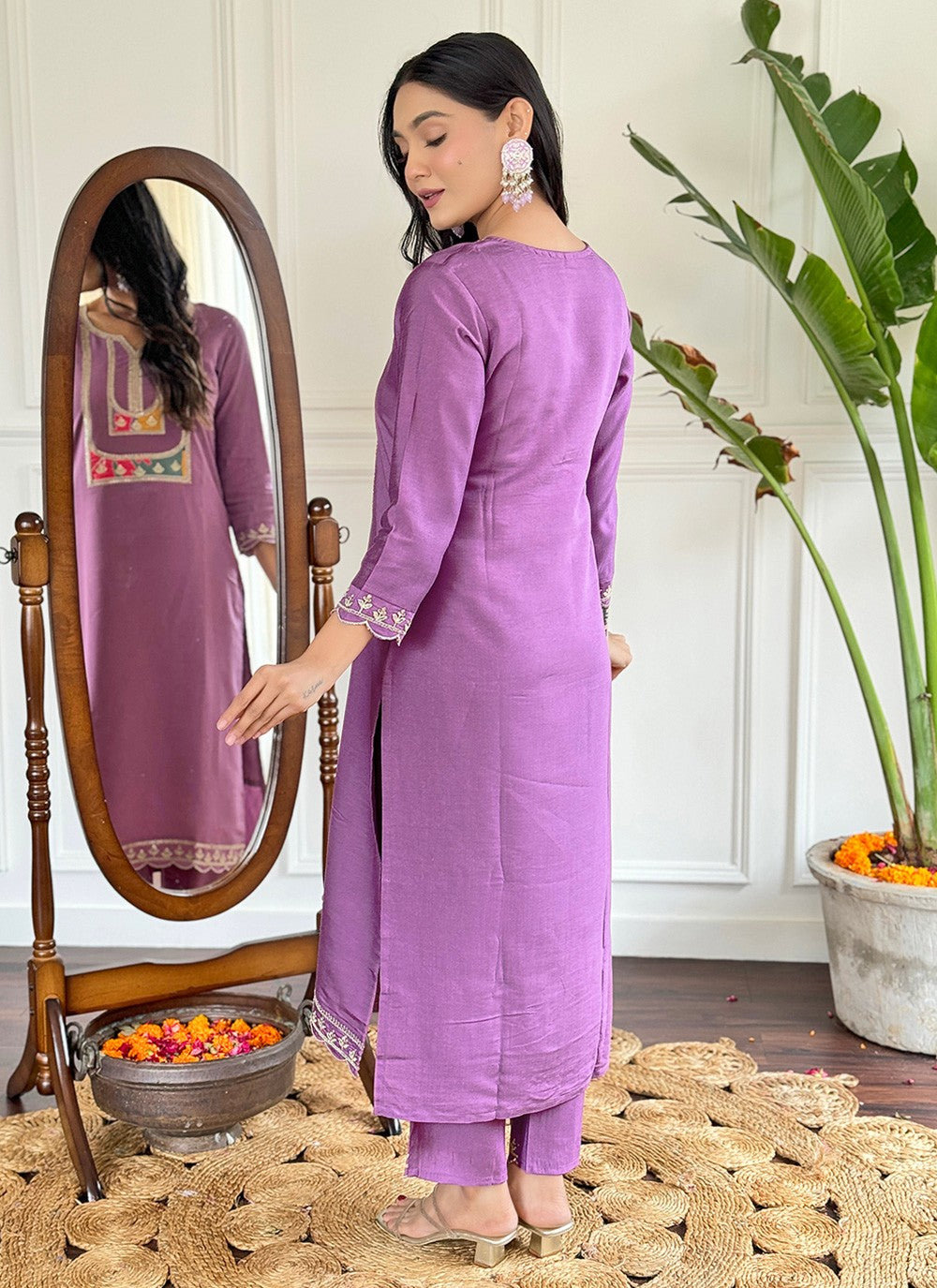 Salwar Suit Embroidered, Printed Purple T7368