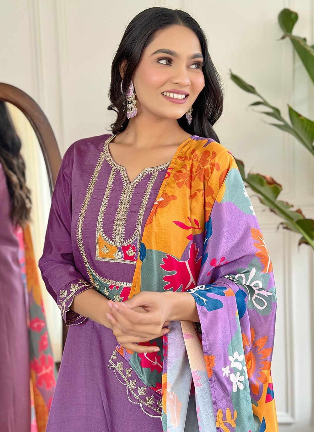 Salwar Suit Embroidered, Printed Purple T7368