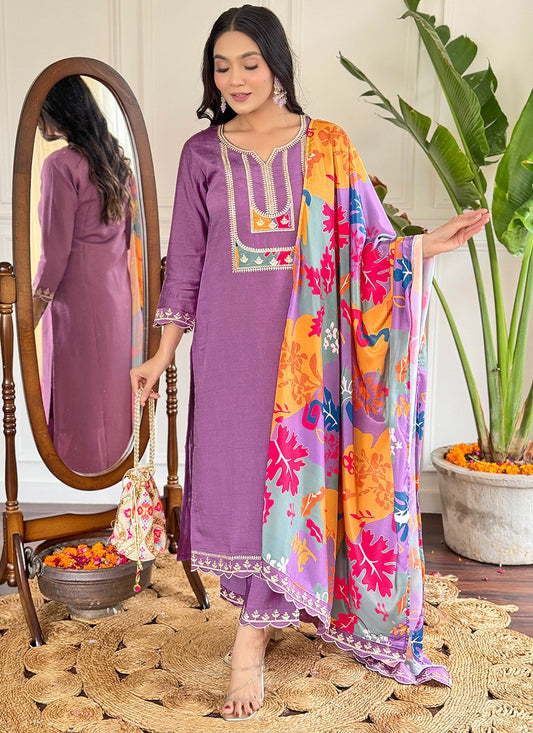 Salwar Suit Embroidered, Printed Purple T7368