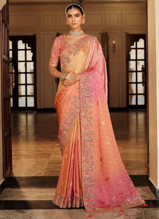Peach Jacquard Silk Contemporary Saree Embroidered S19731