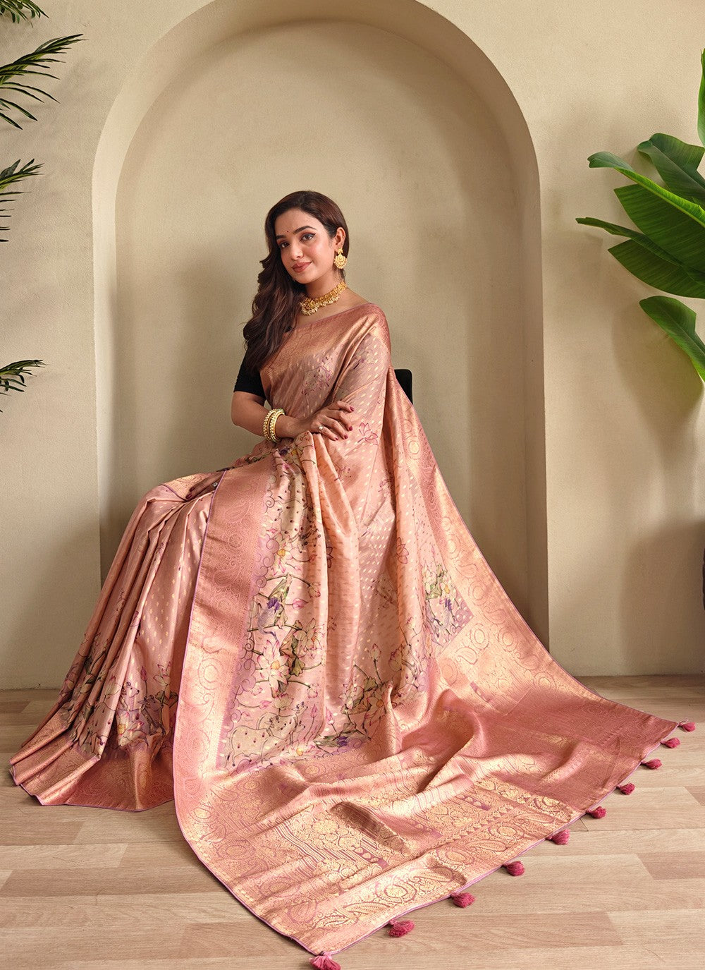 Peach Georgette Contemporary Saree Weaving Zari S17310