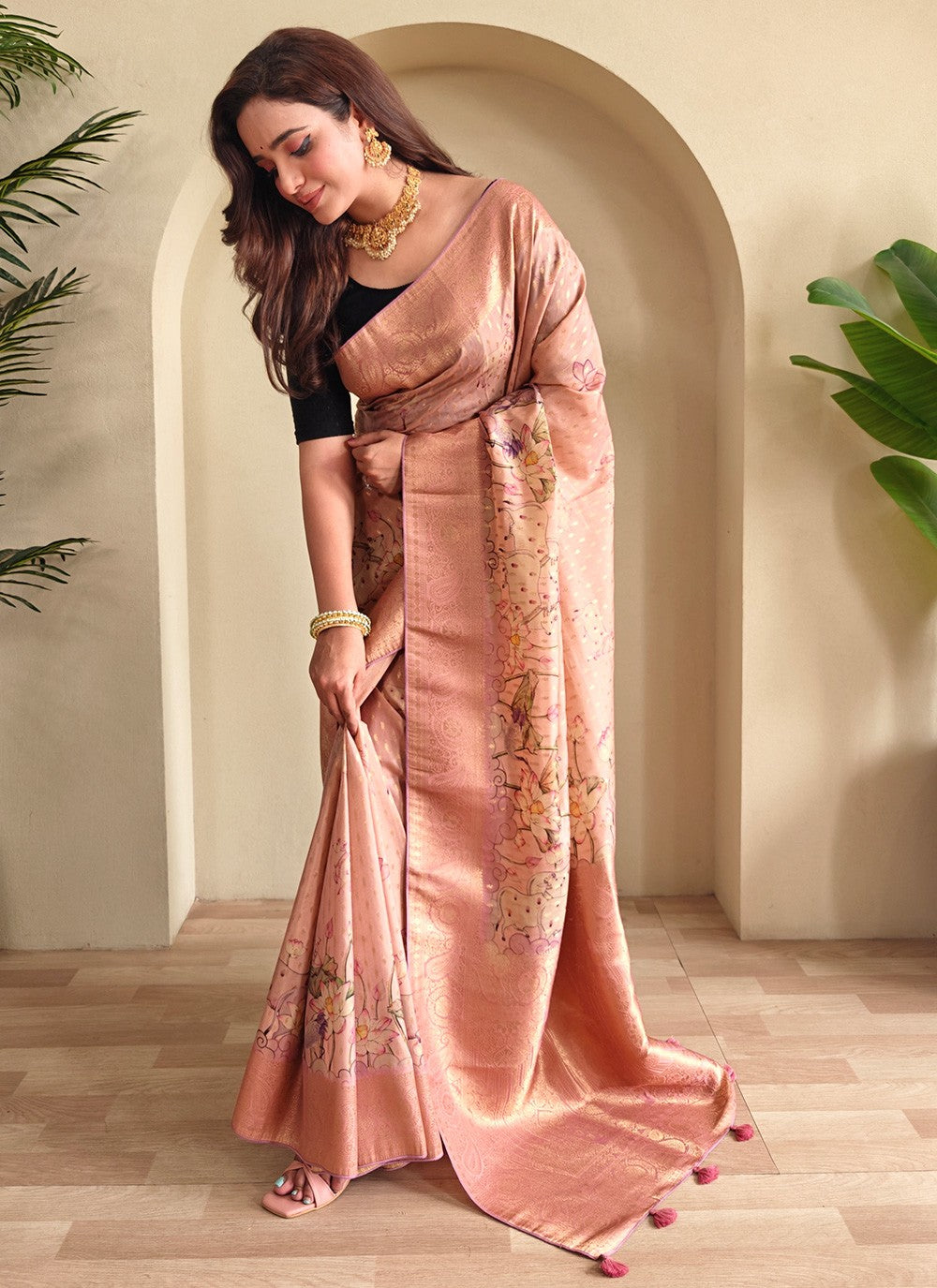 Peach Georgette Contemporary Saree Weaving Zari S17310