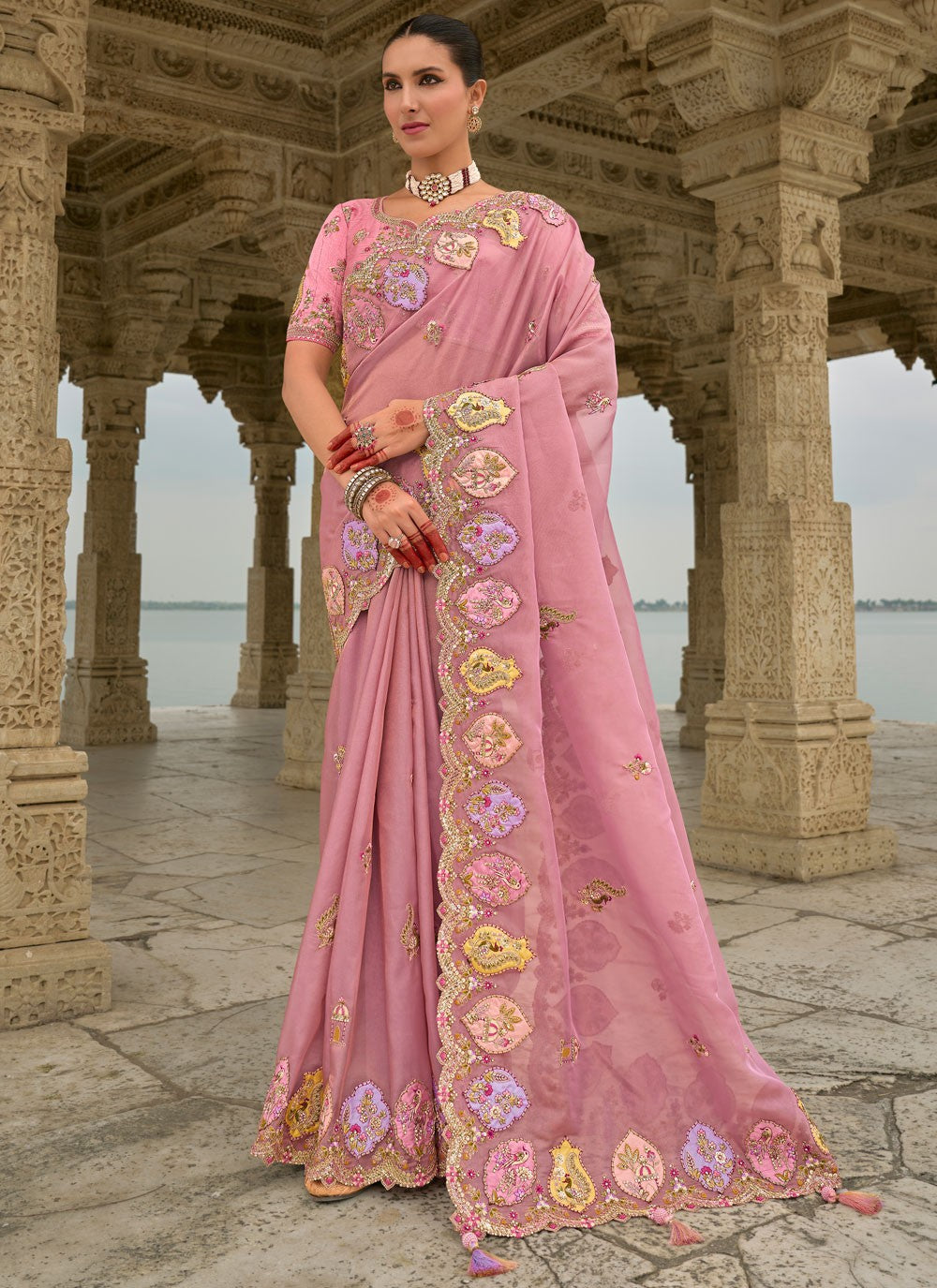 Embroidered Jacquard Pink Saree S14811