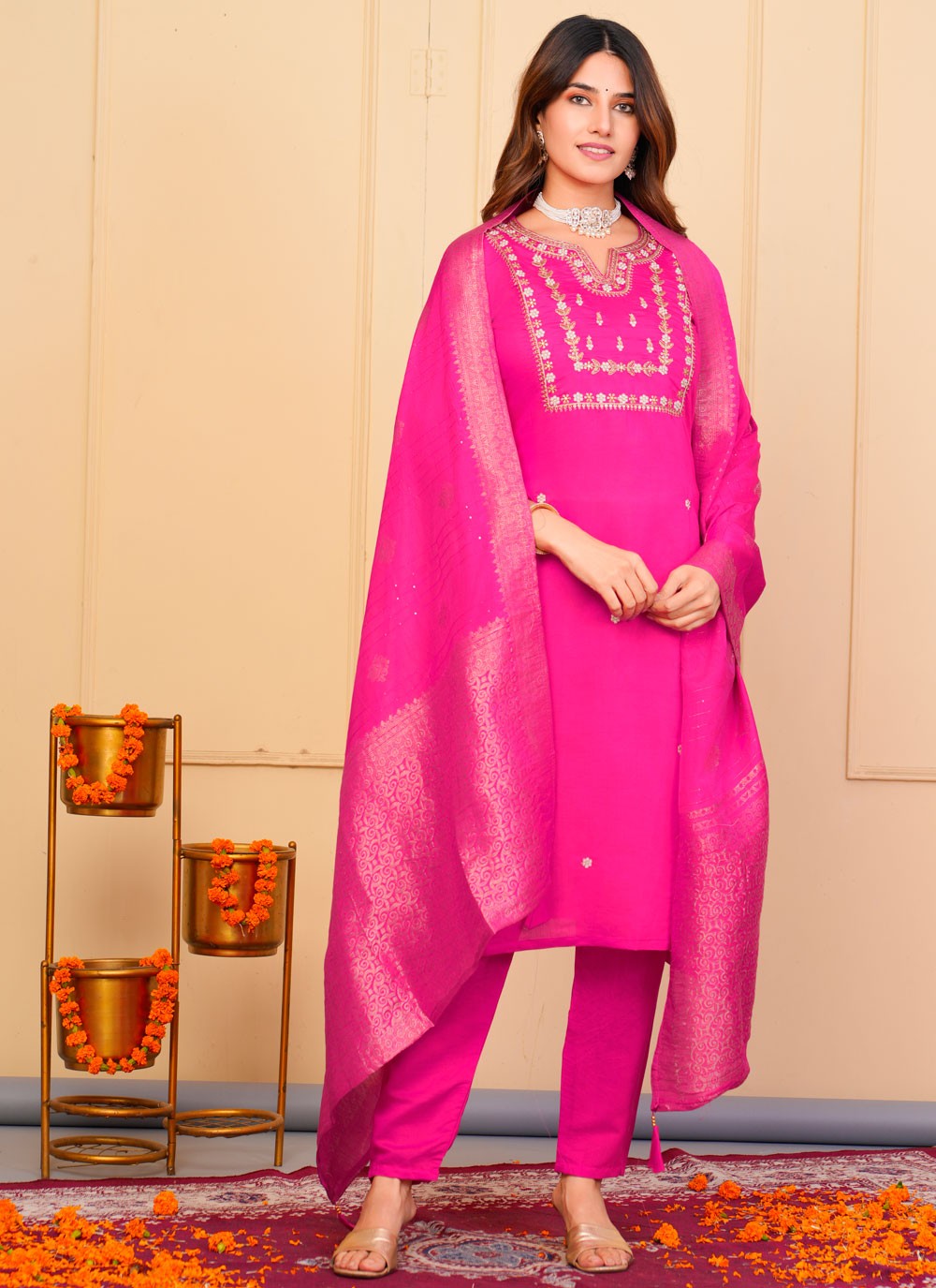 Salwar Suit Embroidered Pink Chanderi T5130